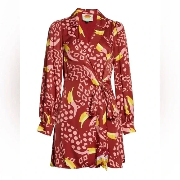 Farm Rio Toucanissimo Long Sleeve Print Wrap Dress Burgundy Size Small